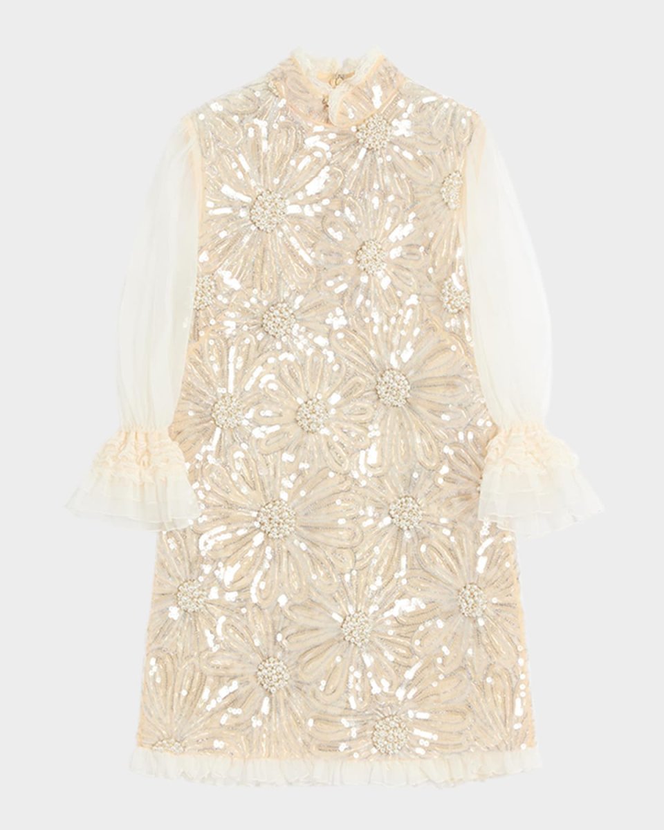 Floral Sequined Sheer Lace-Sleeve Mini Dress